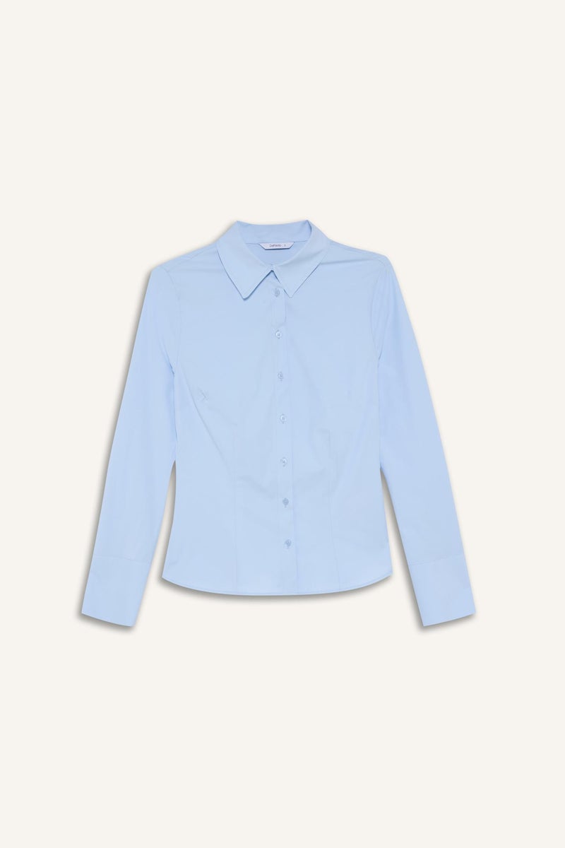 DeFacto Blue Woman Slim Fit Shirt Collar Poplin Long Sleeve Shirt Casual - Image 5